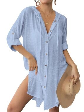 BSUBSEACH Light Blue Hooded Button Front Swim Cover Up XL